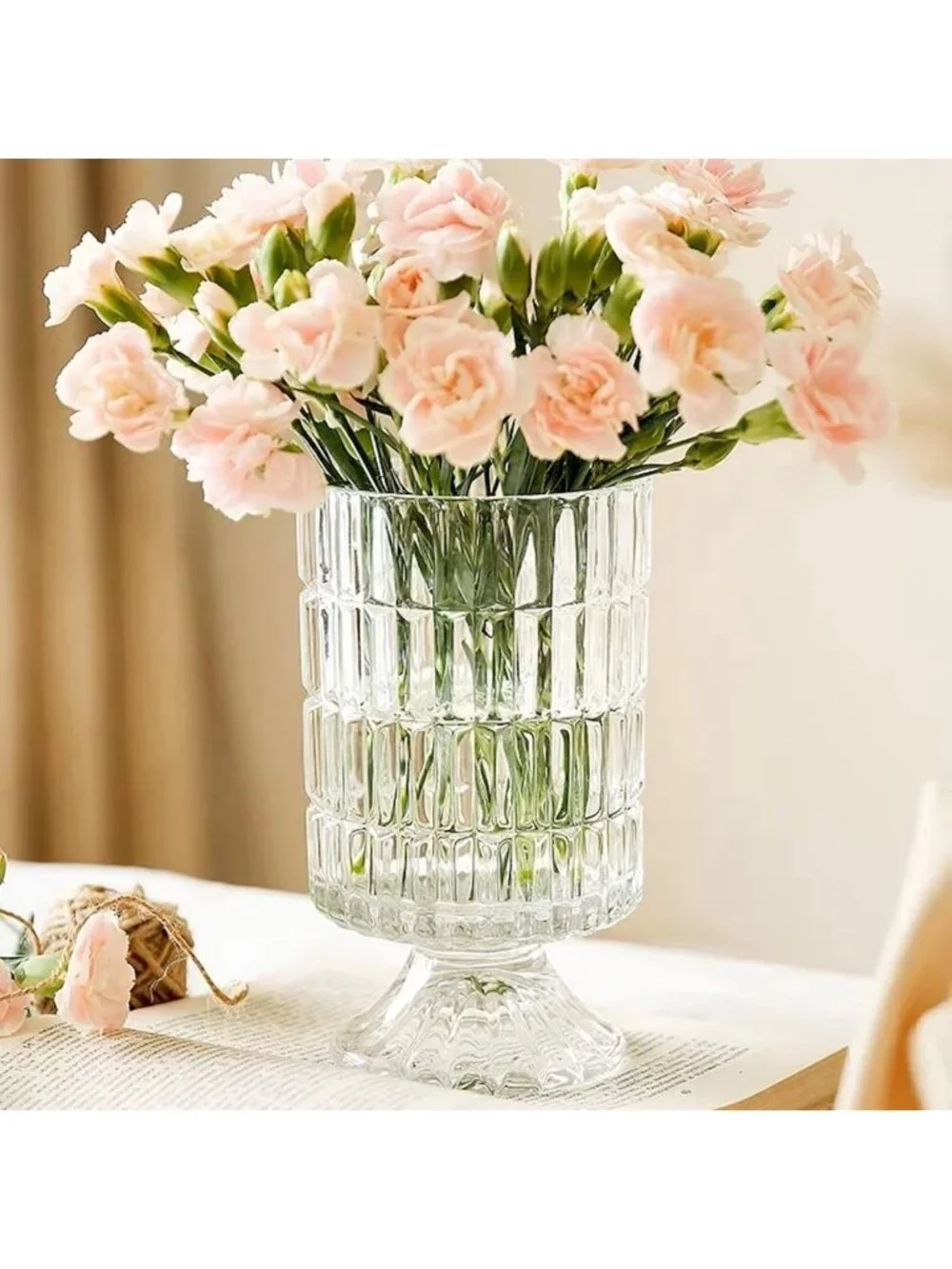 7'' Ribbed Crystal Glass Vase - Elegant Pedestal Design for Home, Office